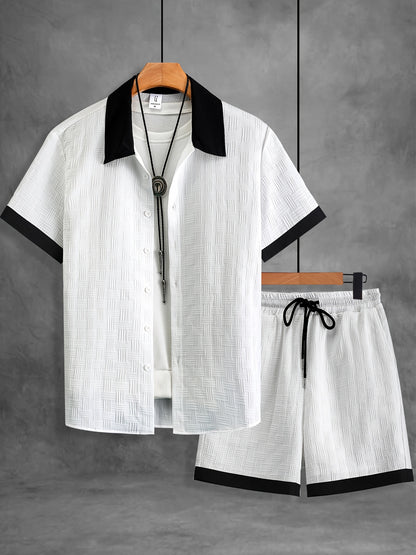 Men's Summer Casual Color-Blocked Button-Up Shirt & Shorts Set