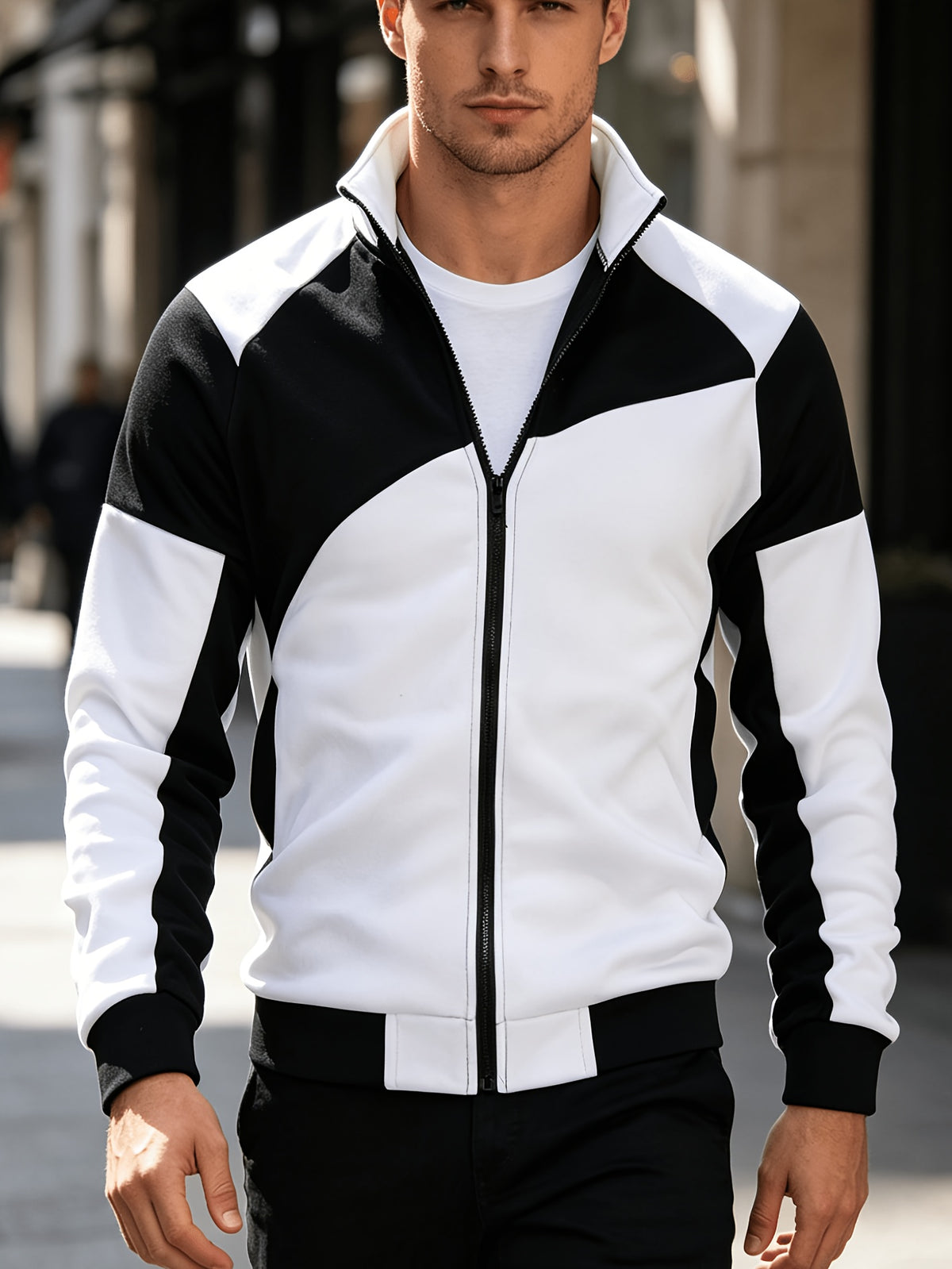Men's Slim Fit Color Block Zip-Up Jacket with Stand Collar