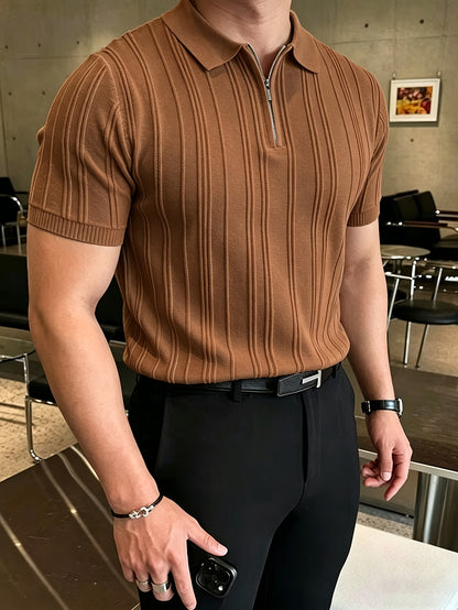 Men's Polo Shirt with Quarter Zip, Short Sleeve Summer Knit