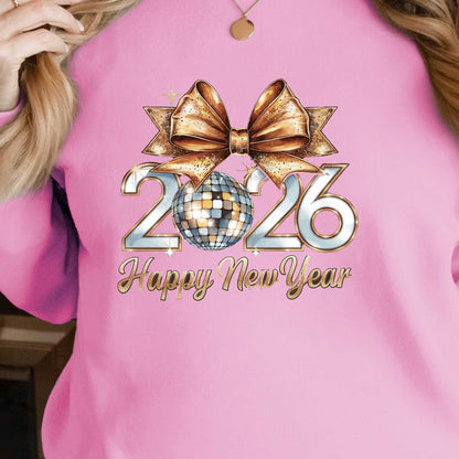 Women'S 2026 Happy New Year Disco Ball Sweatshirt - Black with Golden Glitter & Bow Graphic, Cozy Round Neck Long Sleeve Casual Pullover for Winter, Festive Party Outfit & Casual Attire, New Year Shirt, Yorkshire Terrier Swea
