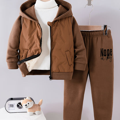 Boys' Fashion Set, Autumn/Winter Coffee Brown Hooded Lined Warm Jacket & Elastic Waist Velvet Pants with "ONPE‘" Letter Pattern - Casual Comfortable Thermal Sportswear Gift, Perfect for