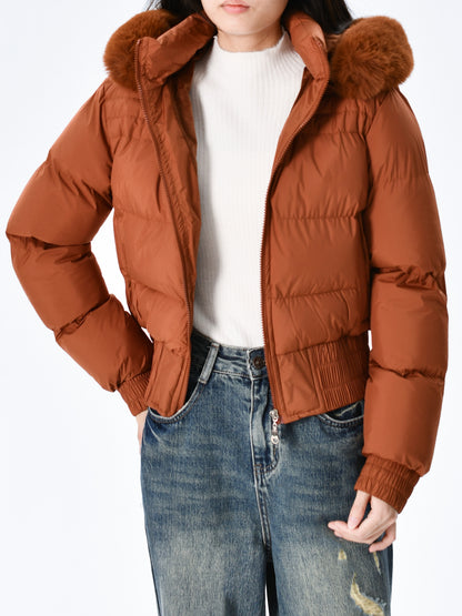 Էլեգանտ պոլիեսթերային բարձիկով կանացի բաճկոն - 2024 թվականի նորաձև կարճ միագույն վերարկու՝ հաստ արհեստական ​​մորթուց օձիքով, երկար թևքերով, կայծակաճարմանդով, գործված - Ձմեռային ջերմություն, առօրյա վերնազգեստ