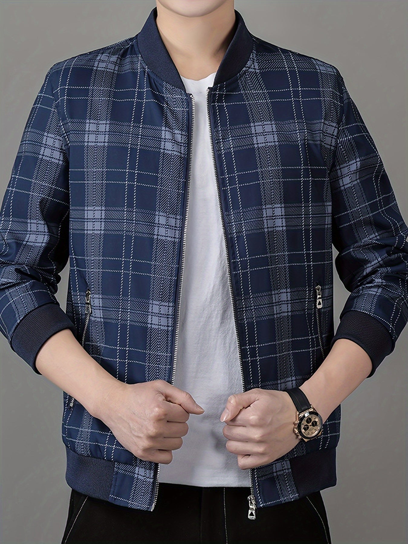 Men's Lightweight Baseball Jacket - Navy Blue & Black Plaid Zip-Up Coat, Non-Stretch Fabric for Formal & Casual Outfits - Spring/Fall Outerwear Jacket, Outdoor Wear, Classic Collar, Quality Stitching, Stylish Coat, Fashioncon