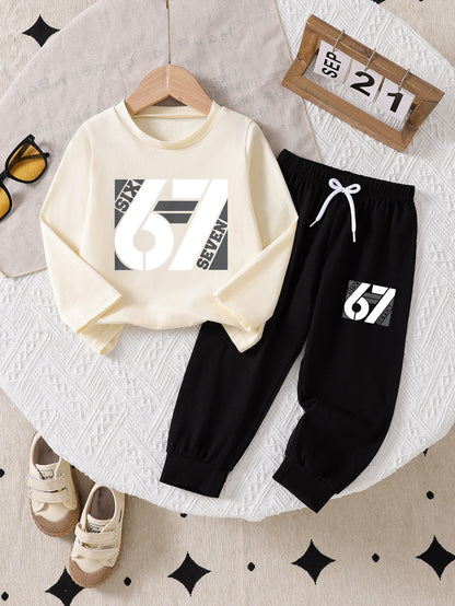 Boys' 2-Piece Cotton Casual Outfit Set - Long Sleeve Tee & Pants