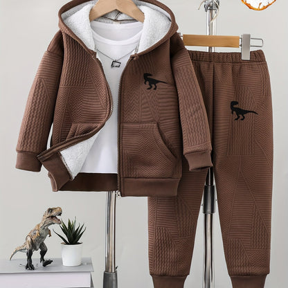 2pcs set of casual and fashionable fleece thickened Jacquard zipper pocket shoulder-length hooded sweatshirt and fleece Jacquard sports jogging pants suit, children's autumn and winter comfortable and versatile clothing, can