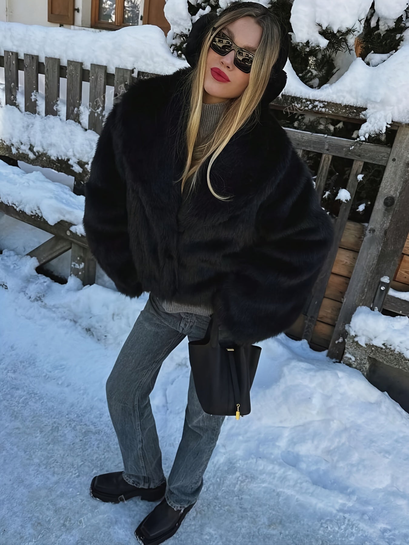 Women's Elegant Luxury Faux Fur Coat - Winter Warm Solid Black Outerwear with Plush Fur Collar, Machine Washable Winter Coat for Fall & Winter, Casual to Formal Events, Faux Fur Jacket for Women, Chic and Sophisticated Design
