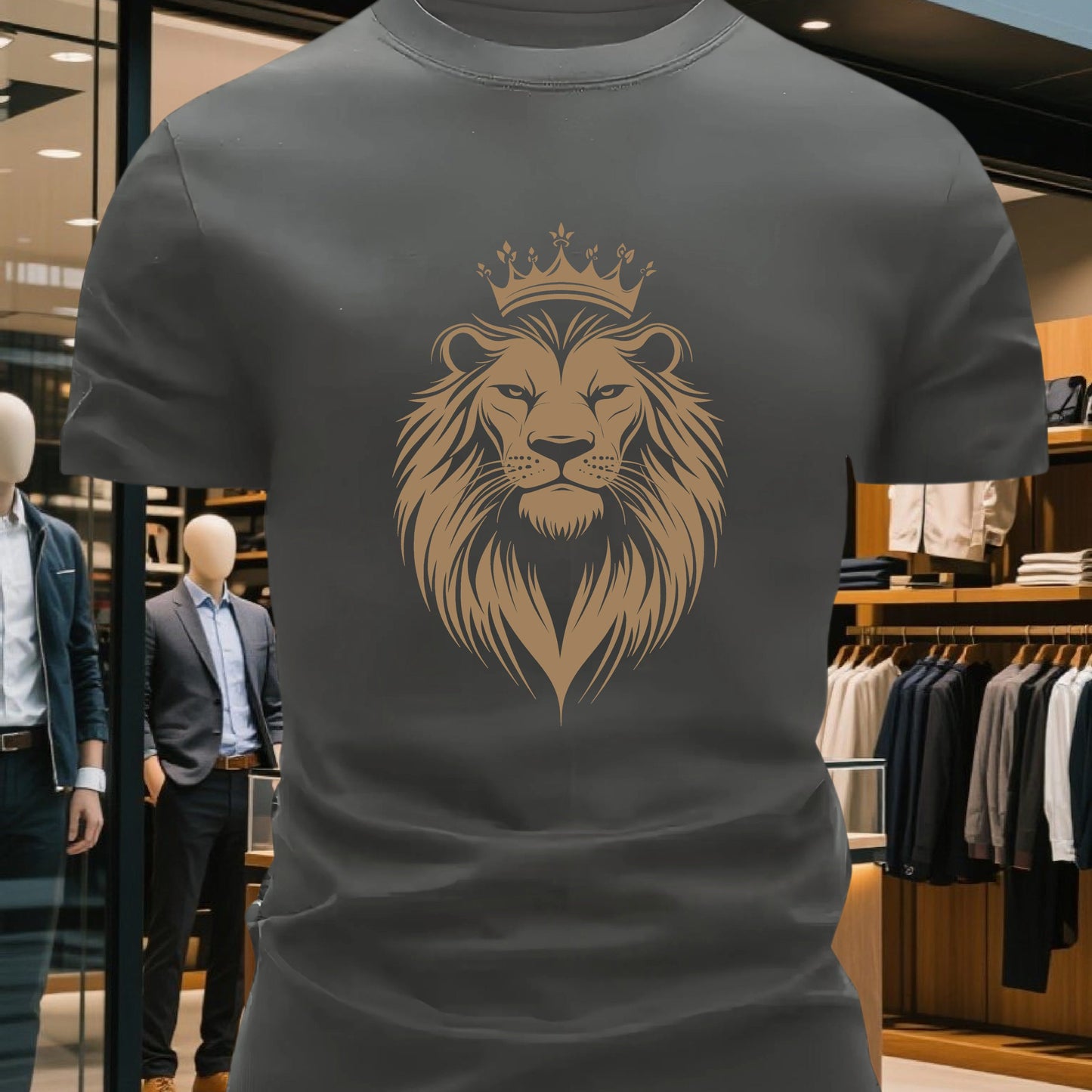 Men's 100% Cotton Crew Neck Short Sleeve T-Shirt with Regal Lion Crown Graphic Print - Navy Blue Casual Comfort Fit, Machine Washable All-Season Versatile Top, Cotton T Shirts, Leisure Clothing, Creative Print Shirt, Soft Tex
