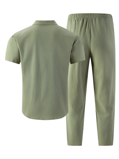 Men's Summer Casual Linen Blend Two-Pocket Shirt & Pants Set