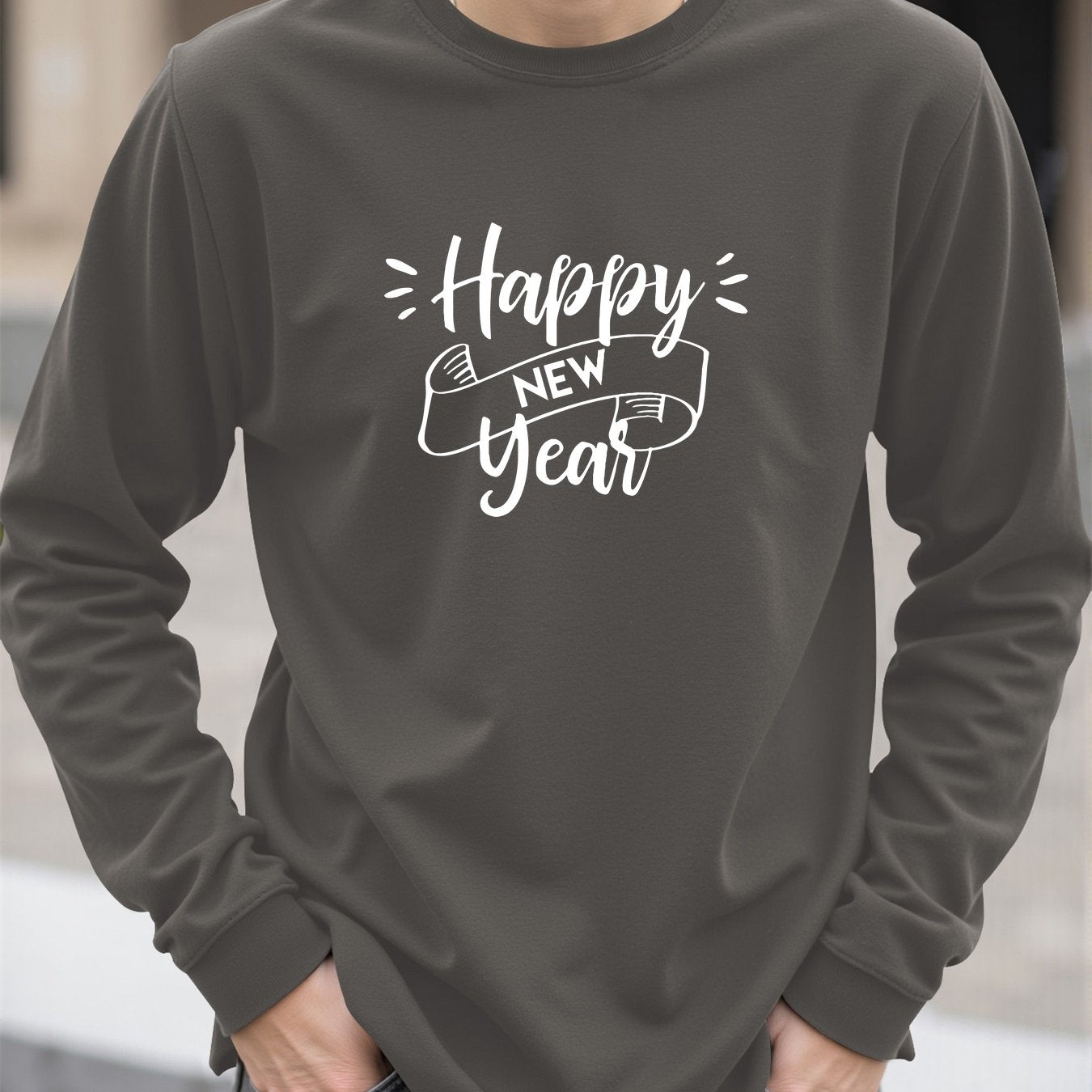 Men'S Happy New Year Graphic T-Shirt - Casual Long Sleeve Crew Neck, White with Black Lettering & Festive Design, Loose Fit for Spring/Fall, Perfect for Casual Attire, Festive Clothing | Festive Graphic Tee | Comfortable Fit