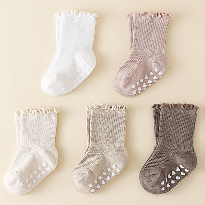 5 Pairs of Sweet And Cute Spring And Autumn Multi-Color Girls' Wood Ear Edge Non-Slip Mid-Tube Socks