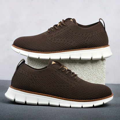 Men's Breathable Knit Business Casual Shoes - Beige with Brown Accents, Lace-Up, EVA Sole, Round Toe, Versatile for All Seasons, Dressy Shoes