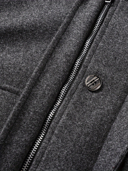Men's Stylish Autumn/Winter Warm Polyester Casual Jacket with Lapel Collar, Zipper Closure, and Pockets - 100% Polyester Solid Color Loose Fit Coat