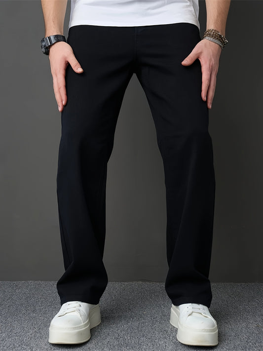 Men's Classic Black Straight-Leg Jeans - Loose Fit, Solid Color Denim, Cotton Blend, Machine Washable, All-Season Style, Streetwear Fashion|Modern Basic Jeans|Cotton Blend Denim