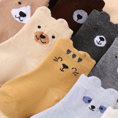 10 Pairs of Youngsters Cute Cartoon Animal Pattern Socks, Comfortable Youngsters Ankle Socks for All Seasons, 100% Polyester Knit Fabric, Machine Washable, Black/Gray/White/Brown/Beige/Yellow with Playful Bear, Bunny, and Cat