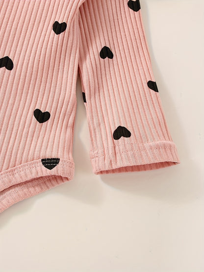 3pcs Baby Girl Outfit Set, Cute Ribbed Ruffle Long Sleeve Romper & Pants, 95% Cotton 5% Spandex, Crew Neck Pullovers, Solid Color, Regular Fit, No Belt, Fall/Winter Knit Fabric, 0-18 Months, for Outdoor