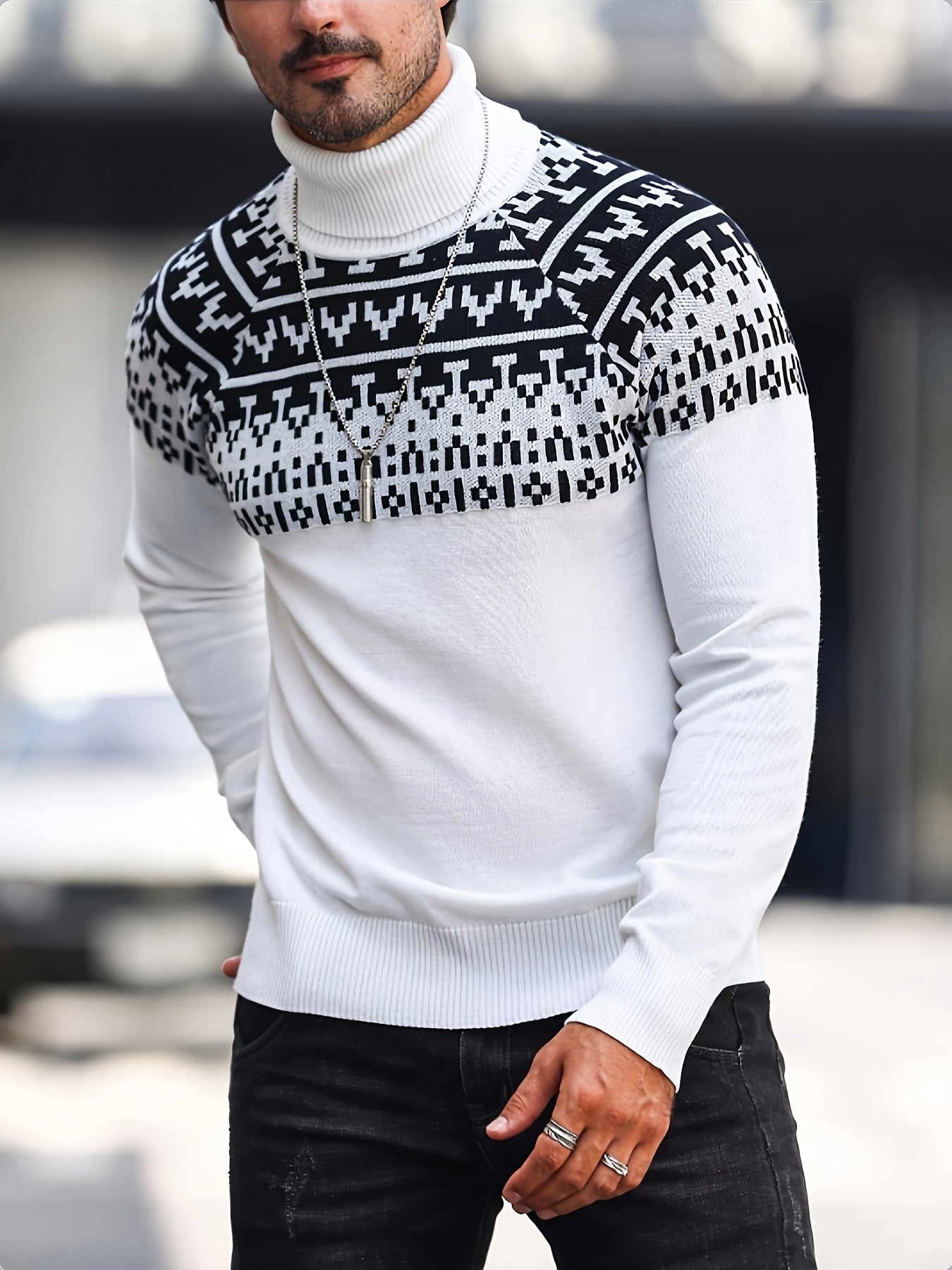 Տղամարդու երկրաչափական գրաֆիկական նախշերով տրիկոտաժե սվիտեր, աշնանային ձմեռային երկար թևքով կրիայով վզնոցով, բացօթյա հագուստի համար