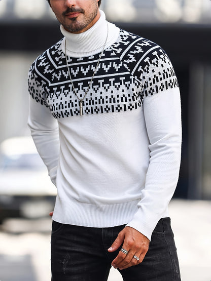 Տղամարդու երկրաչափական գրաֆիկական նախշերով տրիկոտաժե սվիտեր, աշնանային ձմեռային երկար թևքով կրիայով վզնոցով, բացօթյա հագուստի համար