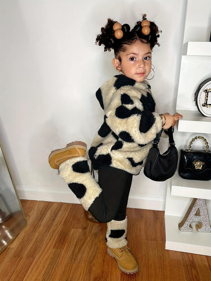 1- Girls' Fashion Casual Heart Print Plush Hoodie and Patchwork Knit Pants Set, Suitable for Autumn and Winter, School, Leisure, Outdoor Sports, Perfect for Outdoor