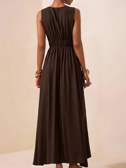 Elegant Summer V-Neck Beaded Sleeveless Waist-Cinching Dress