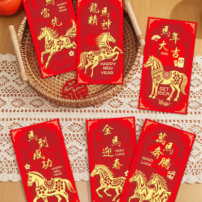 6 Golden Horse Year of the Horse Red Envelopes - Traditional Chinese New Year Gift Bags with Golden Horses, Money for Spring Festival, Paper Currency For Chinese New Year, Graduation, Thanksgiving, New Year