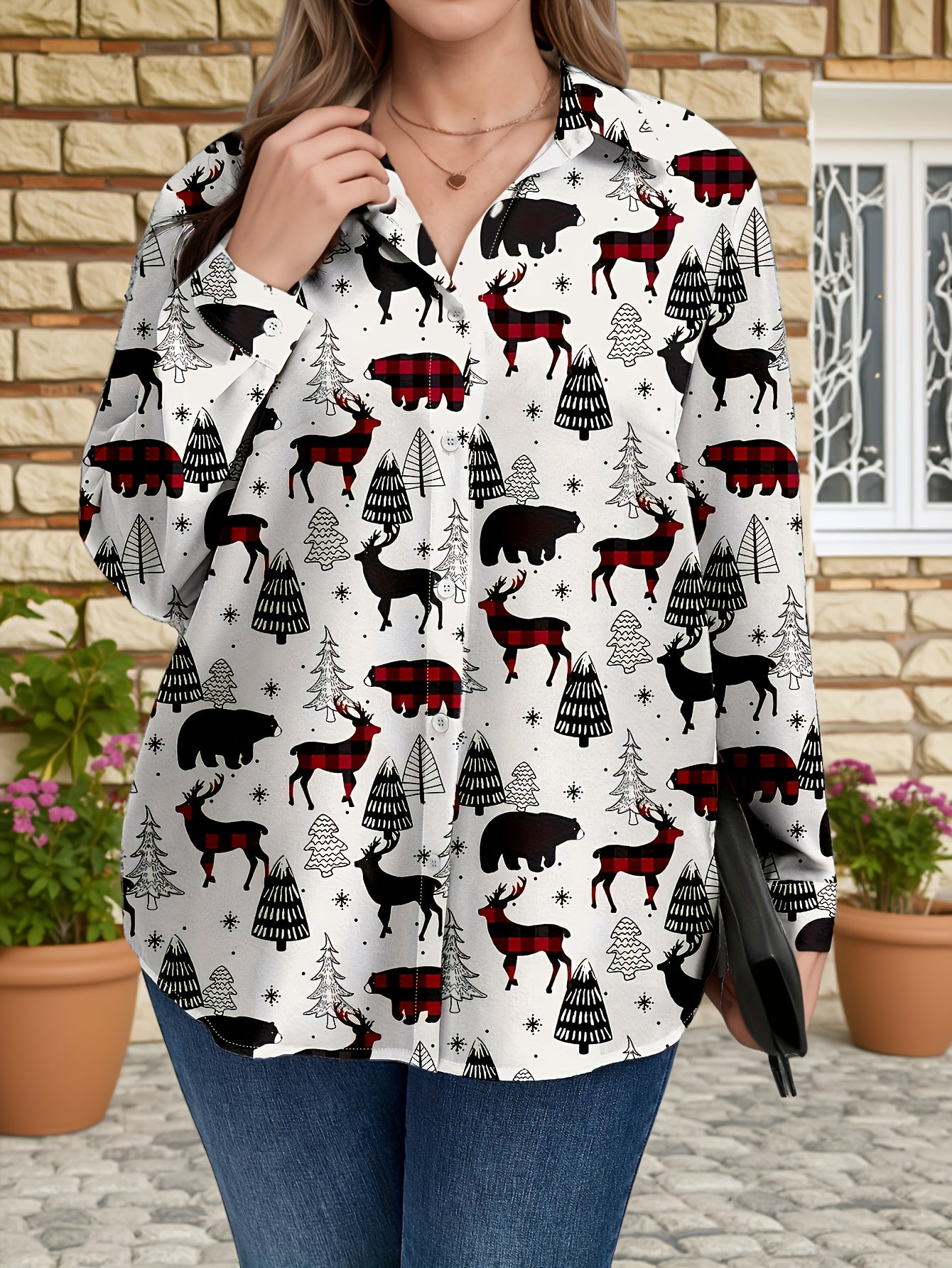 Plus Size, Women's Plus Size Winter Deer & Moose Print Blouse - Long Sleeve Christmas Party Shirt with Collar & Button Front, Red & Black Nordic Winter Pattern, Machine Washable Elegant Casual Holiday Outfits for Christmas &