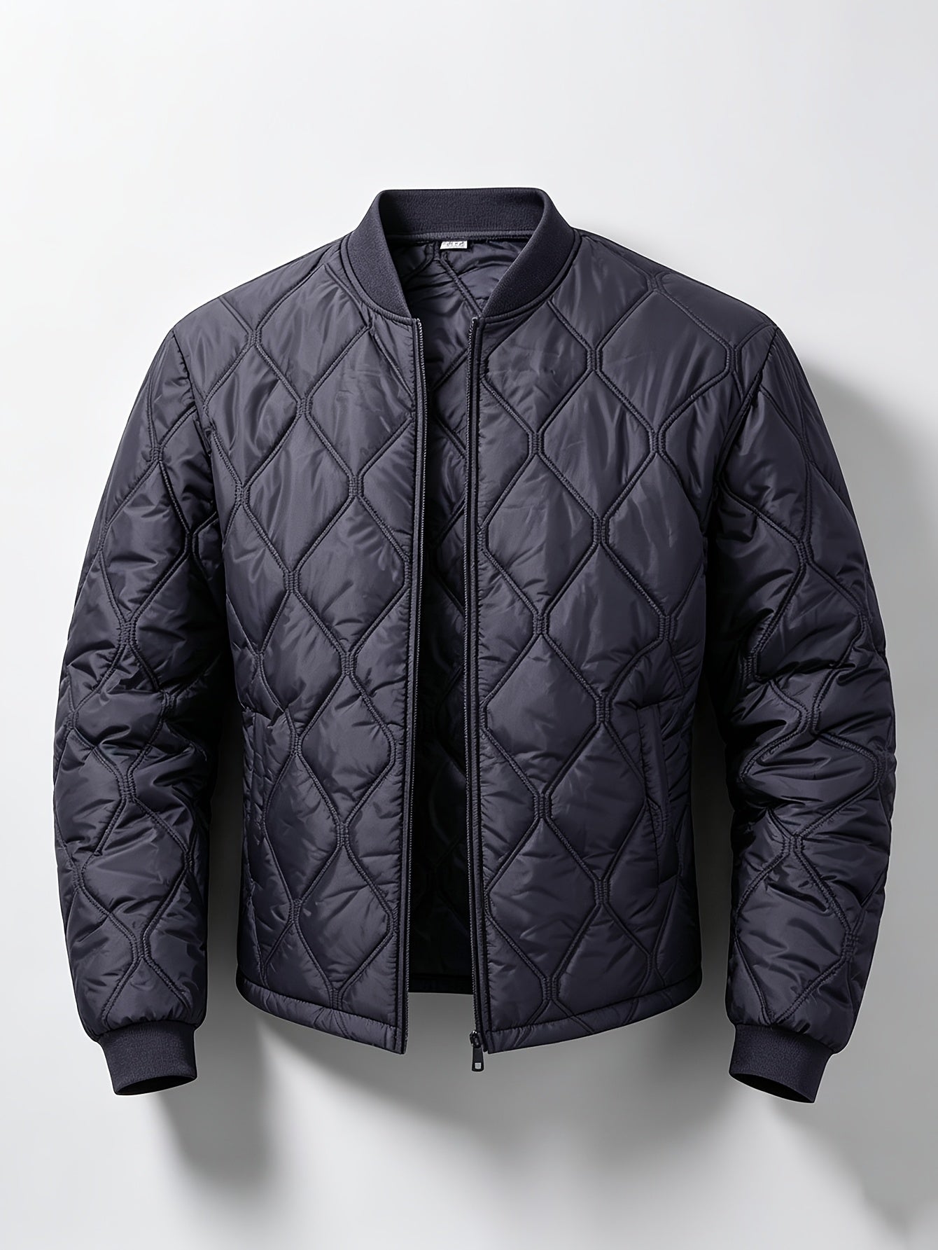 Men's Casual Black Diamond-Pattern Padded Jacket with Baseball Collar