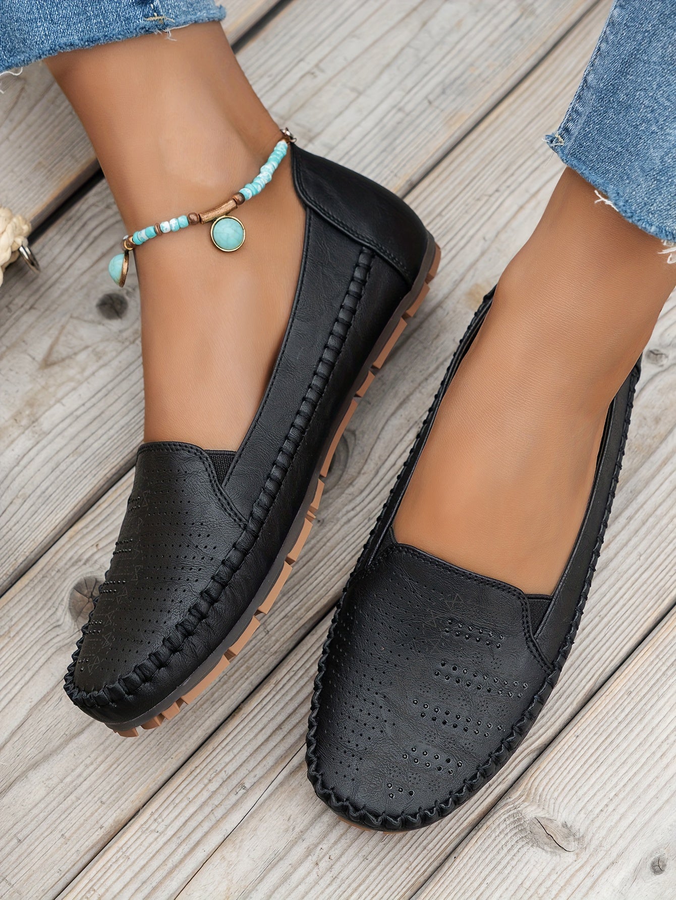 Women's Retro Perforated Flat Shoes, Comfy Breathable Round Toe Slip On Shoes, Casual Outdoor Loafers