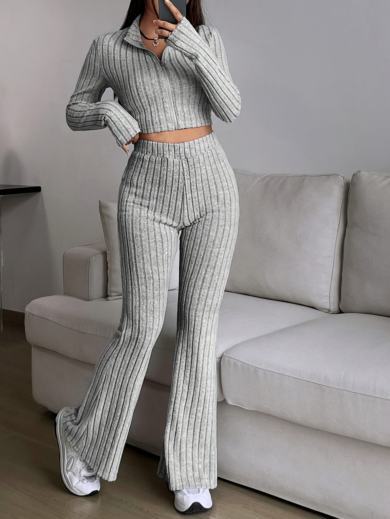Elegant Zipper Cardigan & Wide Leg Pants Two-Piece Set