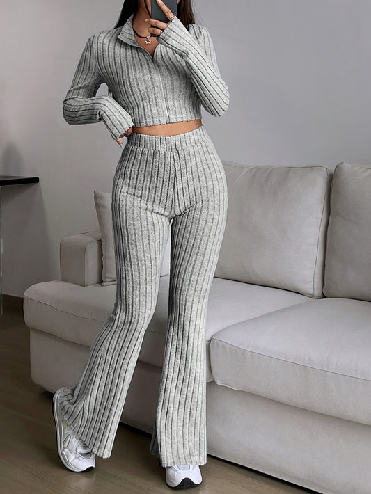 Elegant Zipper Cardigan & Wide Leg Pants Two-Piece Set