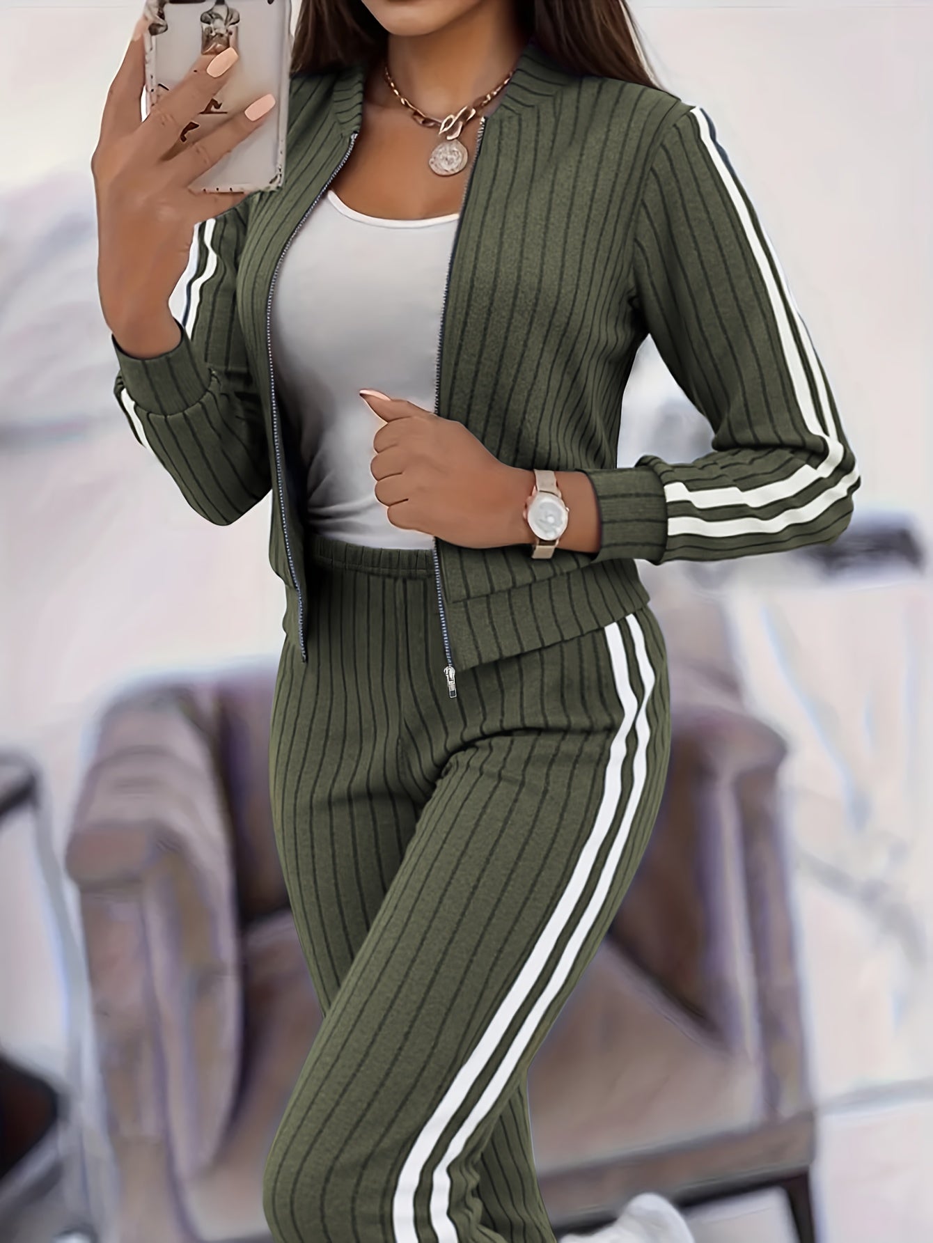 Women'S Stylish Casual Zip-Up Round Neck Ribbed Cardigan with Loose Straight Pants, a Two-Piece Casual Outfit - ayq