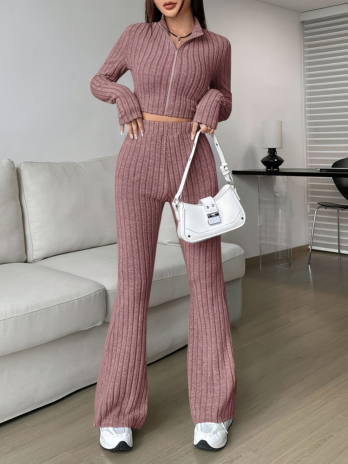 Elegant Zipper Cardigan & Wide Leg Pants Two-Piece Set