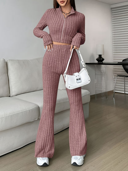 Elegant Zipper Cardigan & Wide Leg Pants Two-Piece Set