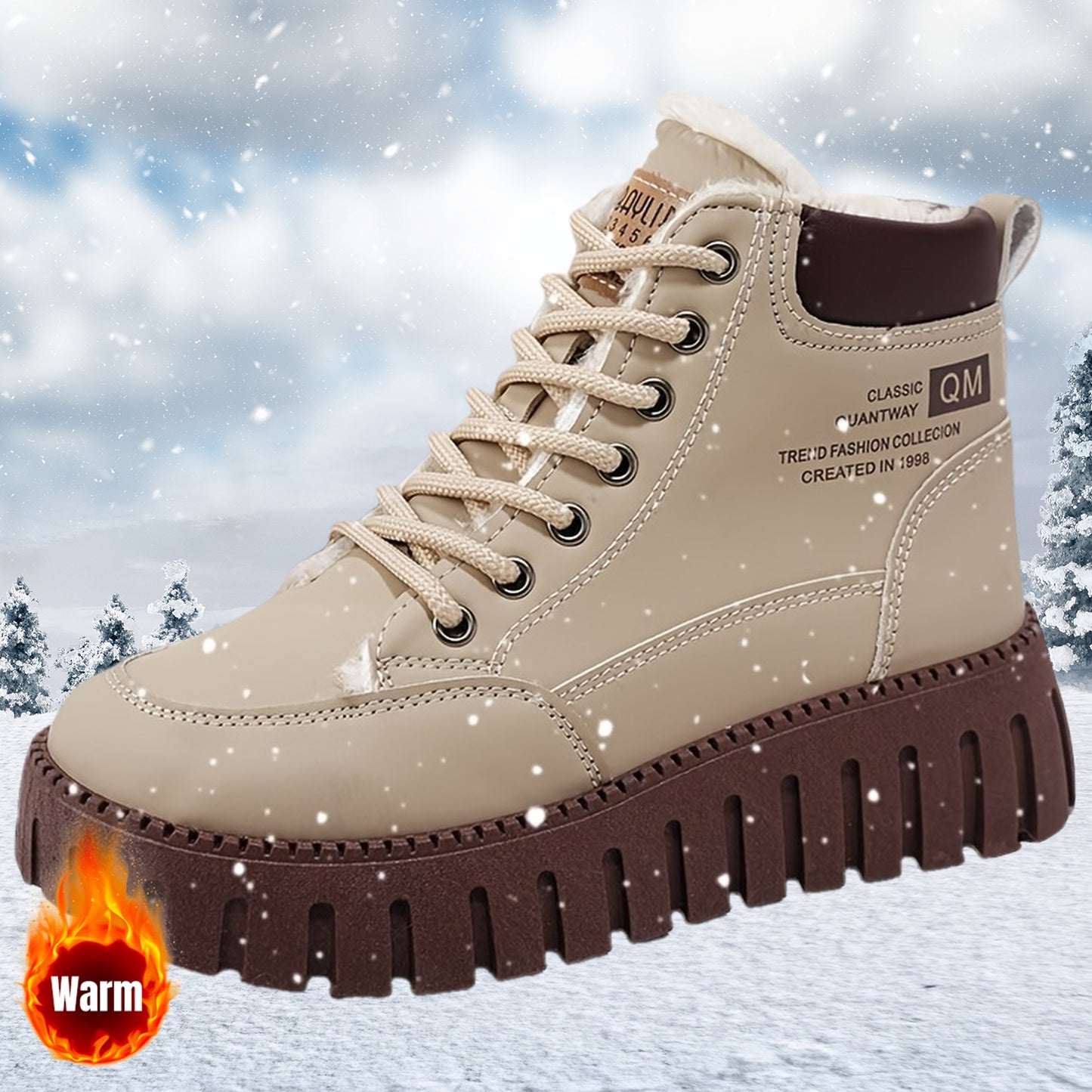 Women'S Winter Warm High-Top Ankle Boots - Thick Platform Sole, Round Toe, Lace-Up Closure, Synthetic Cover Upper, Rubber Sole, Mid-Heel, Casual Style, All-Season