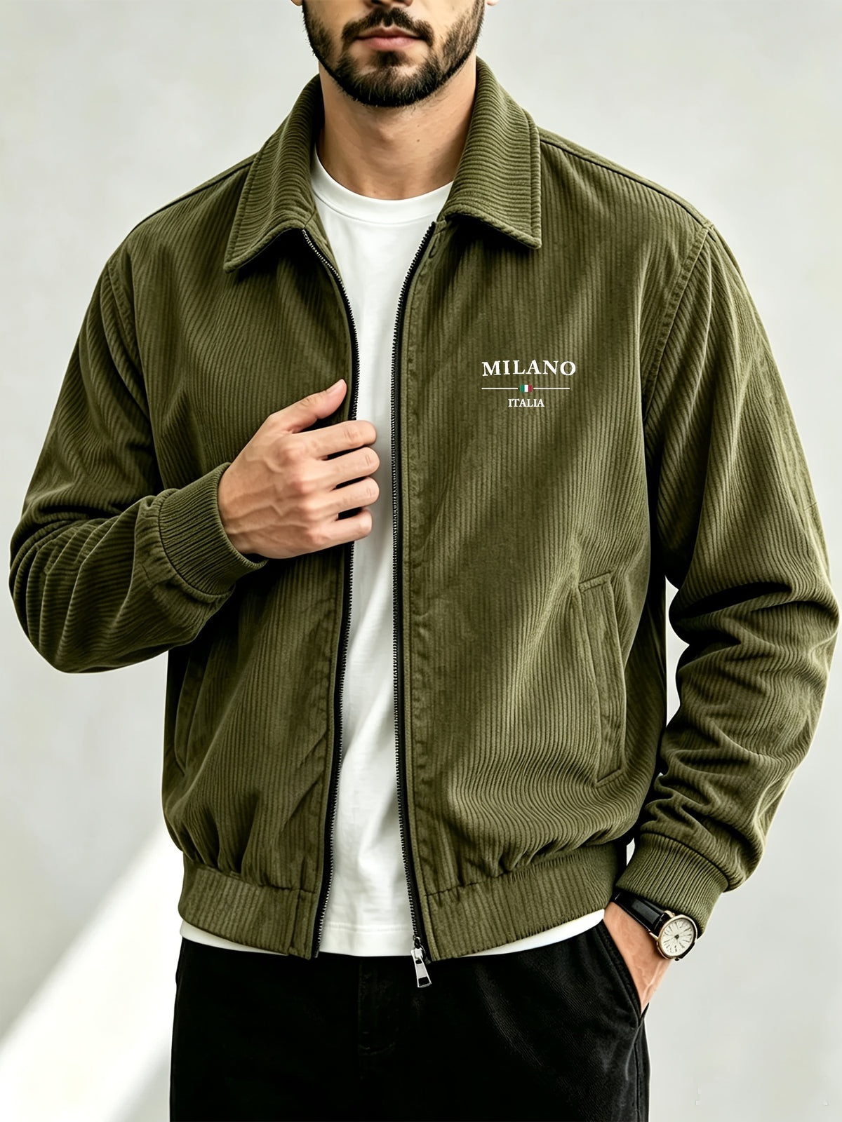 Men's Corduroy Zipper Jacket with Lapel Collar for Spring/Fall