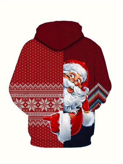 Plus Size Men's Funny Christmas Hoodie- Festive Santa Claus& Snowflake Print, Red& White Holiday Sweatshirt with Pockets, Casual Long Sleeve Pullover for Fall& Winter, Perfect Christmas Gift, Christmas Clothes, PLUS SIZE