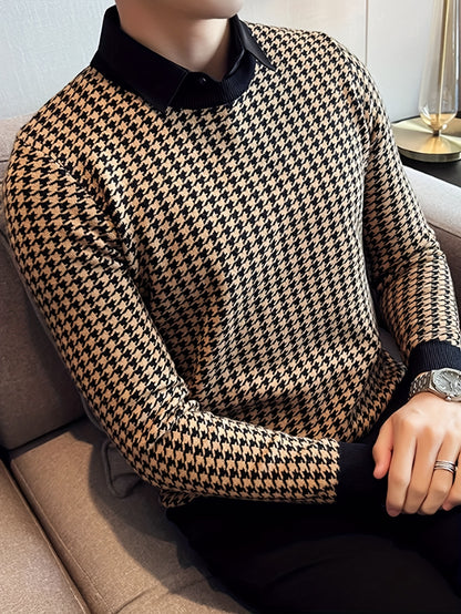 Նոր տղամարդու Houndstooth գունավոր խճճված սվիտեր, կլոր վզնոցով և երկար թևքերով ամենօրյա սվիտեր, տրիկոտաժե