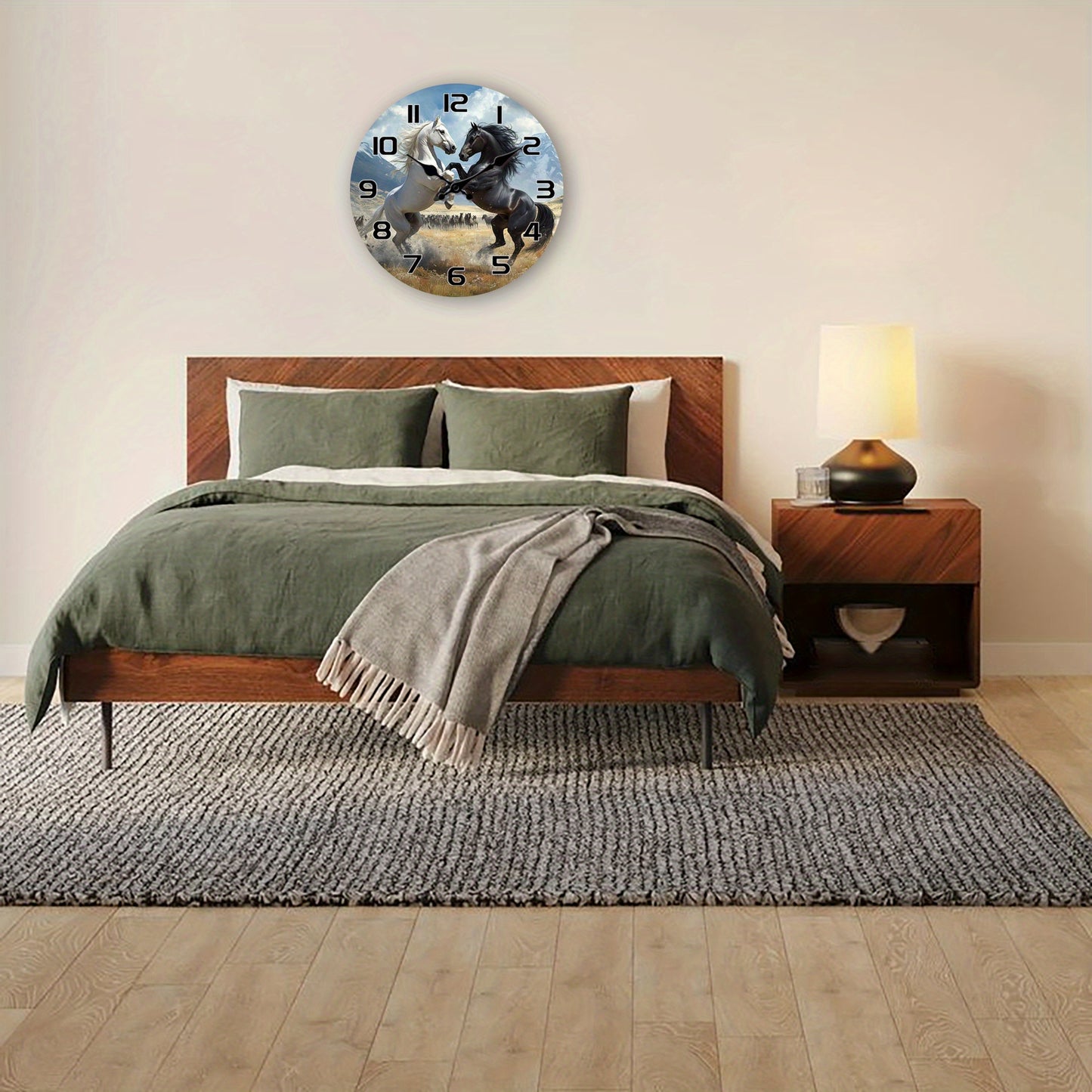 A Wooden Wall Clock with a Fantasy Theme Featuring a Design of Two Horses Facing Each Other, a Silent Clock Suitable for Decorating Living Rooms, Bedrooms, Kitchens, And Offices, Making It an Exciting Gift for Birthdays And H