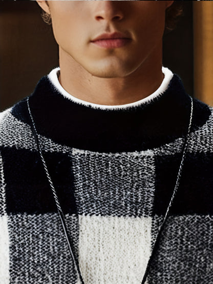 Տղամարդու կլոր վզնոցով սվիտեր, աշնանային և ձմեռային նոր ոճեր, նորաձև և բազմակողմանի, դիմացկուն, հաստ և տաք, երկար թևքերով, վանդակավոր նախշերով, մաշկին հարմար, հարմարավետ, փափուկ, երիտասարդական և նորաձև, նեղ չափսերով, նորաձև, գործնական