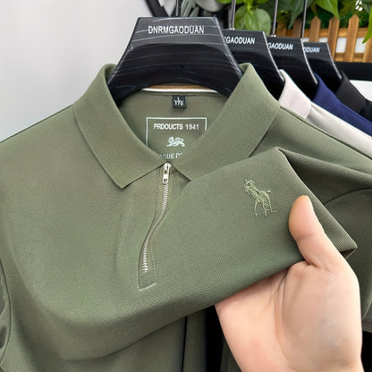 New Stylish Short-Sleeve Polo Shirt with a Zipper, a Breathable Business Fashion Tee, Featuring High-End Embroidery on The Sleeves And an Exquisite Design on The Back - ayq