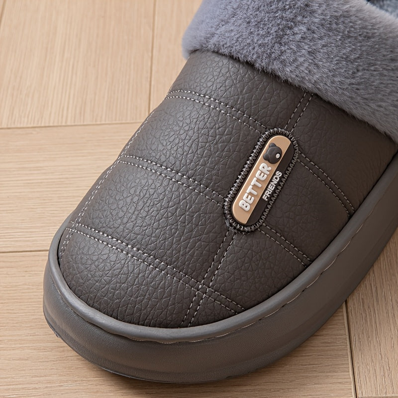 Men's Large PU Faux Leather Slippers Thick EVA Sole Warm Slip-On