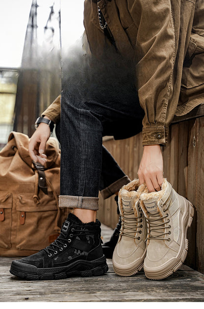 Men's High-Top Winter Boots with -Like Collar & - Heavy-Duty PU Upper, PVC Sole, Beige/Tan Lace-Up Snow Boots for Ice, Slush,, Outdoor (Warm Cold Weather Footwear)