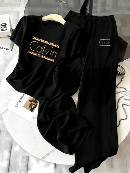 Women’s Y2K T-Shirt & Pants Set with Slim Fit and Print