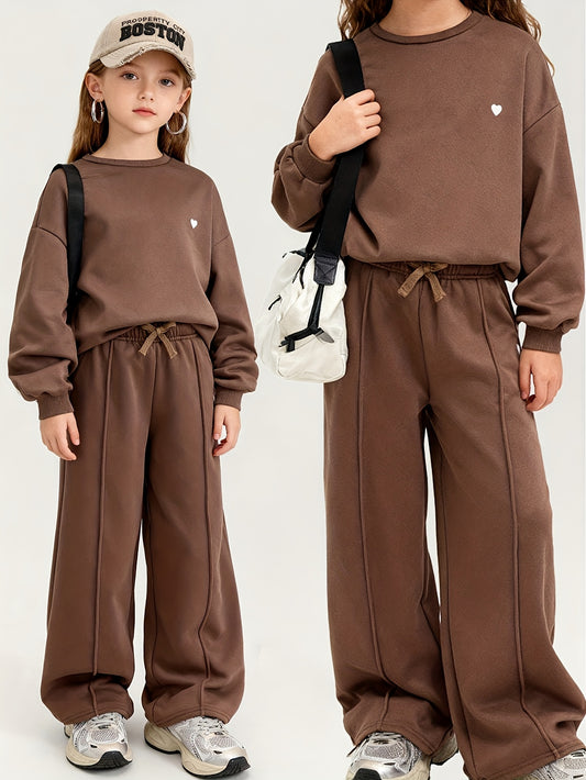 Girls' Casual Crewneck Sweatshirt and Wide-Leg Pants Set - ayq