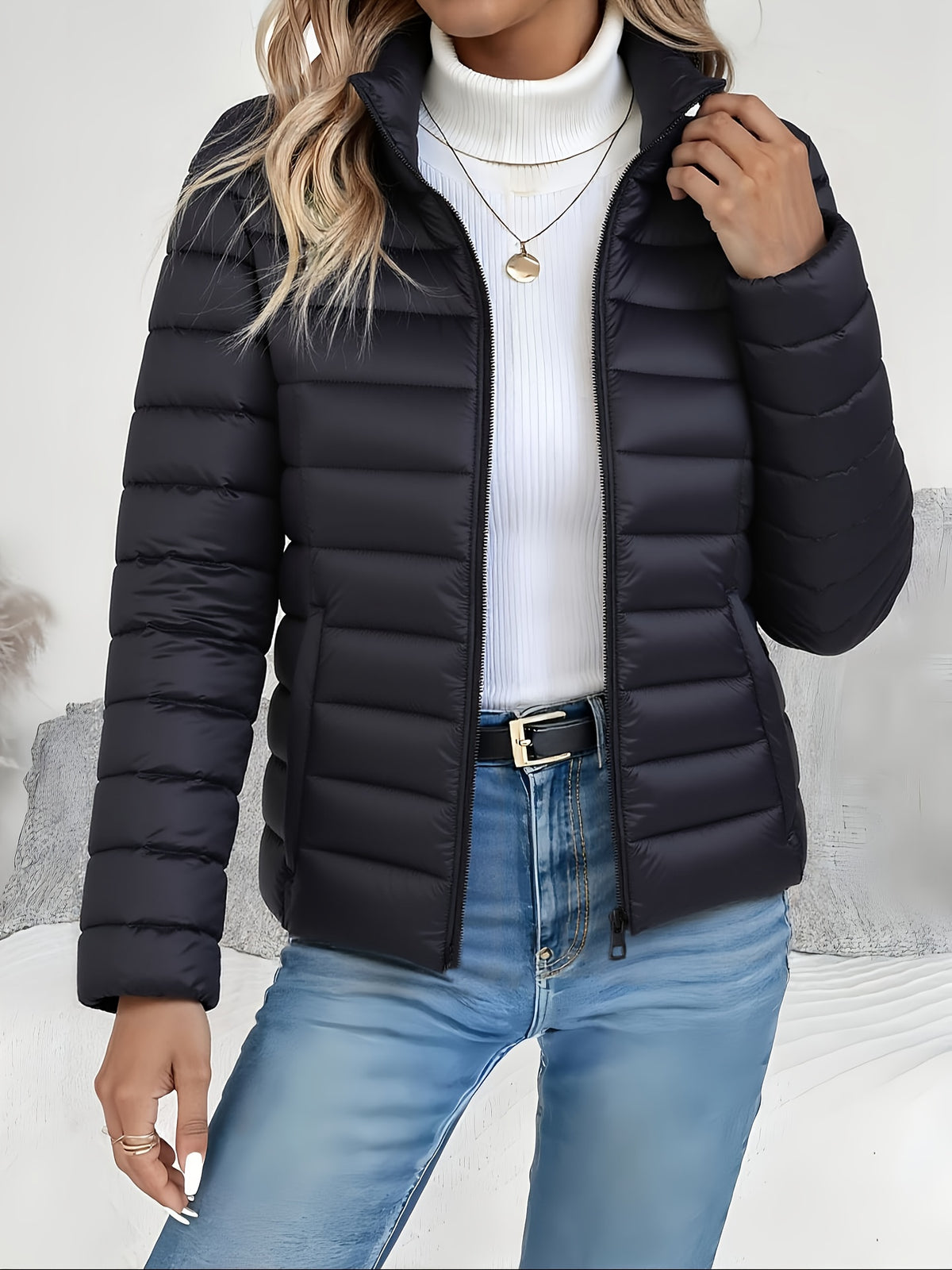 Women's Slim-Fit Quilted Polyester Jacket with High Neck