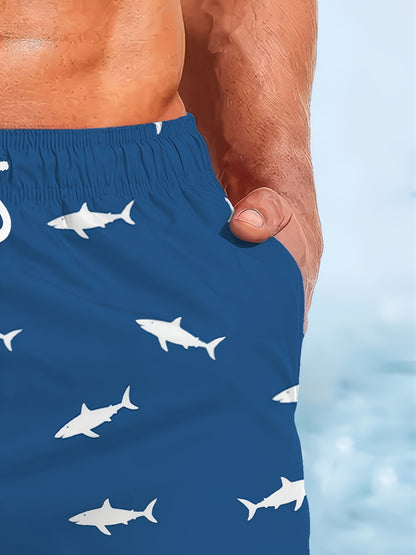 Men'S Beach Shorts Featuring a Group of Adorable Little Sharks in a High-Definition 3D Print, Quick-Drying Swim Trunks with Drawstring, Perfect for Summer Outdoor Activities, Beach Vacations, Swimming, And Surfing.