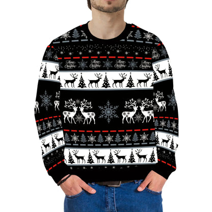 Men's Nordic Winter Sweater - Scandinavian Print Sweater Jacket with Reindeer, Snowflake & Swedish Dala Horse Patterns - Soft Polyester Long Sleeve Coat for Christmas, New Year, Parties - Machine Washable Black/White/Red Swea