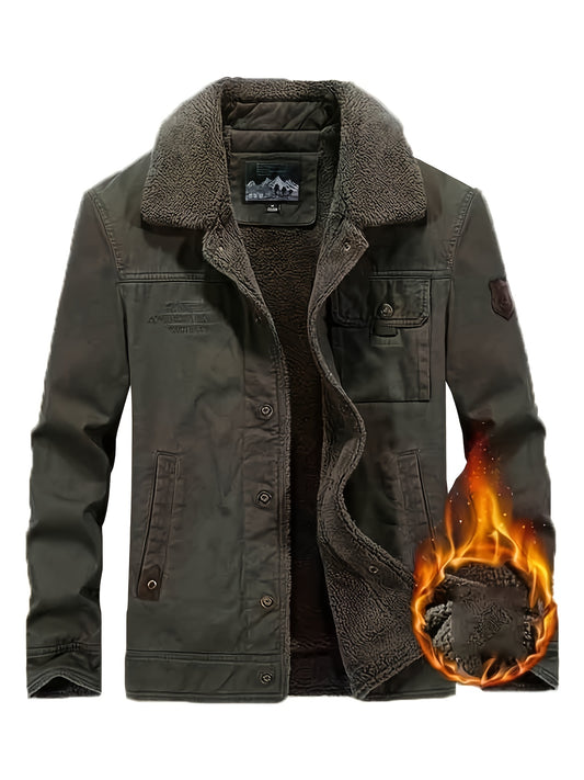 Men's Heavy-Duty Winter Jacket - Thickened Work Coat with Fleece Lining, Vintage Brown/Beige Tactical Outerwear, Single-Button Closure & Multi-Pocket Design for Cold Weather, Construction, Hunting, Casual Outfits - Oversized