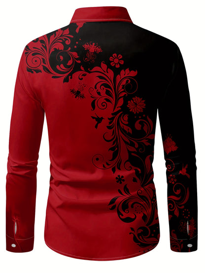 Men'S Casual Floral Print Dress Shirt - Black & White Swirl Design, Button-Up Collar, Long Sleeve, Regular Fit for Spring/Fall, Versatile for Casual & Formal Wear, Spring Fashion, Nonelastic Fabric, Elegant Shirt For Men, Lon