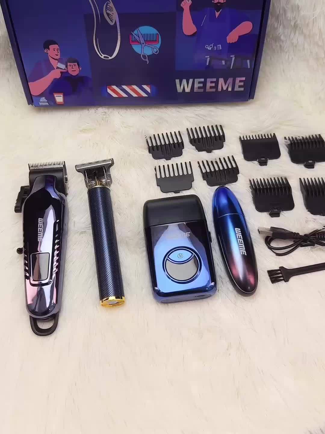 WEEME 4pcs Men's Electric Hair Clipper Set, Beard Trimmer Set, Household Facial Cleansing Set. Hair Cutting, Shaving, Trimming of Nasal Hair, Trimming of Sideburns, Facial Hair Cleaning. USB Charging. for Household Use, Vehic