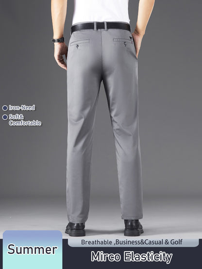 Men's Solid Color Straight Leg Business Style Cotton Blend Pants, Casual Comfy Breathable Outdoor Trousers As Gift